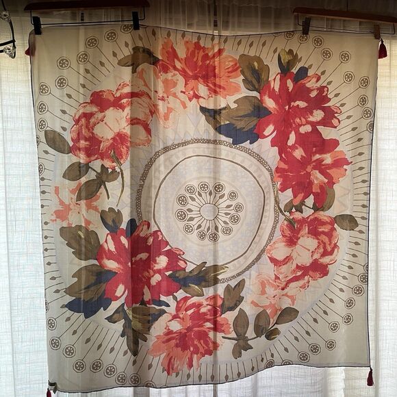 Lucky Brand 100% Silk Scarf Wrap Floral Geometric Pattern Tassel Accents 42 X 42 - Picture 1 of 7